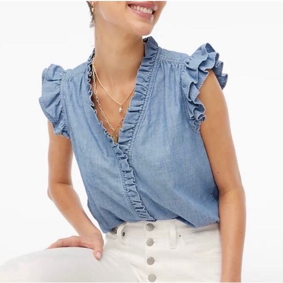 J. Crew Blue Chambray Ruffle Button Up Sleeveless Blouse XL Preppy Casual - Picture 2 of 10